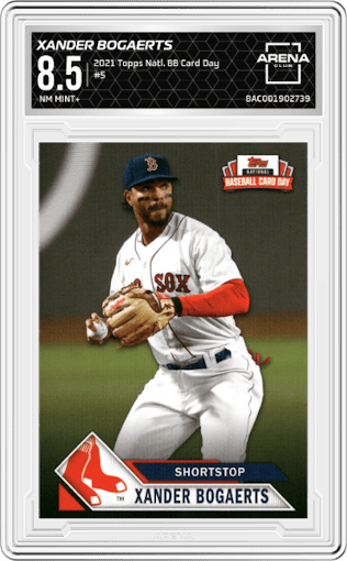 Xander Bogaerts from the 2021 Topps National Baseball Card Day set graded by Arena Club and given an overall grade of 8.5.