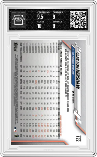 Clayton Kershaw from the 2020 Topps Chrome set graded by Arena Club and given an overall grade of 9.5.