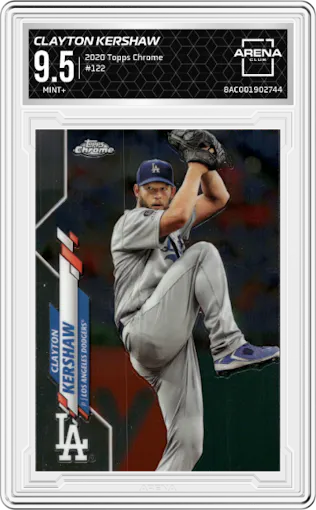 Clayton Kershaw from the 2020 Topps Chrome set graded by Arena Club and given an overall grade of 9.5.