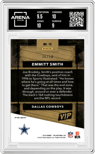 Emmitt Smith from the 2019 Panini National Convention Wrapper Redemption set featuring a Pink Prizm parallel graded by Arena Club and given an overall grade of 9.5.