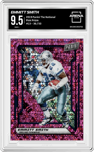 Emmitt Smith from the 2019 Panini National Convention Wrapper Redemption set featuring a Pink Prizm parallel graded by Arena Club and given an overall grade of 9.5.