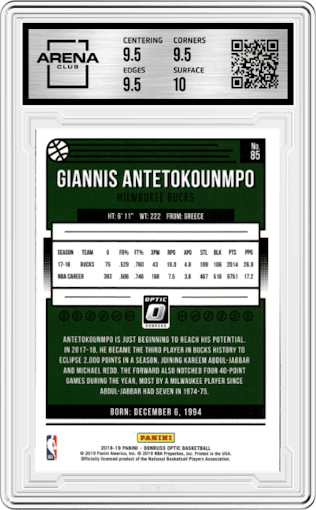 Giannis Antetokounmpo from the 2018-19 Panini Donruss Optic set graded by Arena Club and given an overall grade of 10.