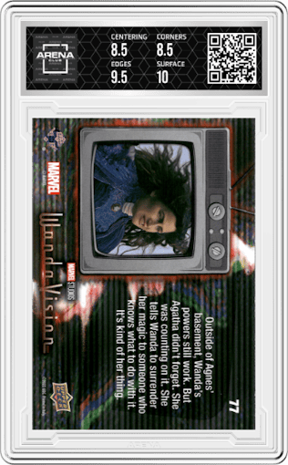 Take Power from the Underserving from the 2022 Upper Deck WandaVision set featuring a Yellow Mind Stone parallel graded by Arena Club and given an overall grade of 9.