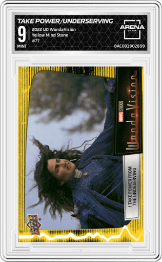 Take Power from the Underserving from the 2022 Upper Deck WandaVision set featuring a Yellow Mind Stone parallel graded by Arena Club and given an overall grade of 9.