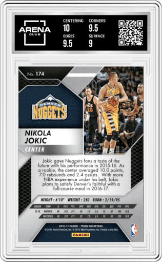 Nikola Jokic from the 2016-17 Panini Prizm  set graded by Arena Club and given an overall grade of 9.5.