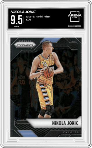 Nikola Jokic from the 2016-17 Panini Prizm  set graded by Arena Club and given an overall grade of 9.5.