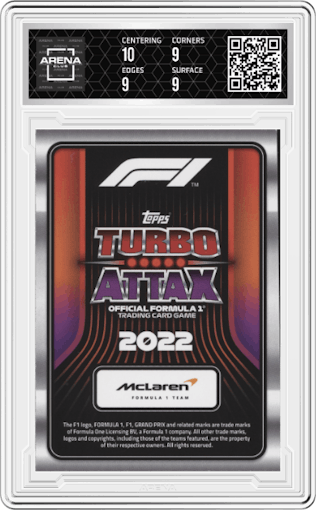 Daniel Ricciardo from the 2022 Topps Turbo Attax F1 set graded by Arena Club and given an overall grade of 9.5.
