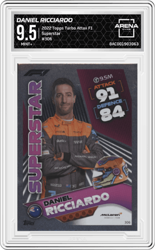 Daniel Ricciardo from the 2022 Topps Turbo Attax F1 set graded by Arena Club and given an overall grade of 9.5.