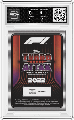 Sebastian Vettel from the 2022 Topps Turbo Attax F1 set graded by Arena Club and given an overall grade of 9.5.
