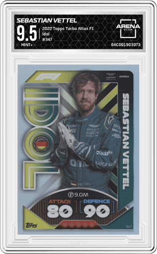Sebastian Vettel from the 2022 Topps Turbo Attax F1 set graded by Arena Club and given an overall grade of 9.5.