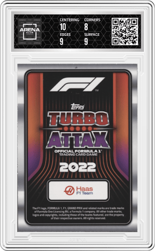 Kevin Magnussen from the 2022 Topps Turbo Attax F1 set graded by Arena Club and given an overall grade of 8.5.