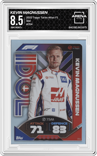 Kevin Magnussen from the 2022 Topps Turbo Attax F1 set graded by Arena Club and given an overall grade of 8.5.