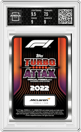 McLaren F1 from the 2022 Topps Turbo Attax F1 set graded by Arena Club and given an overall grade of 8.