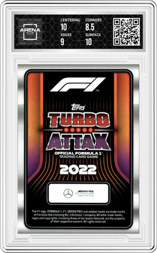George Russell from the 2022 Topps Turbo Attax F1 set featuring a Gold Limited Edition parallel graded by Arena Club and given an overall grade of 9.
