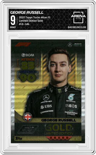 George Russell from the 2022 Topps Turbo Attax F1 set featuring a Gold Limited Edition parallel graded by Arena Club and given an overall grade of 9.