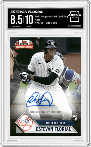 Estevan Florial from the 2021 Topps National Baseball Card Day set graded by Arena Club and given an overall grade of 8.5.