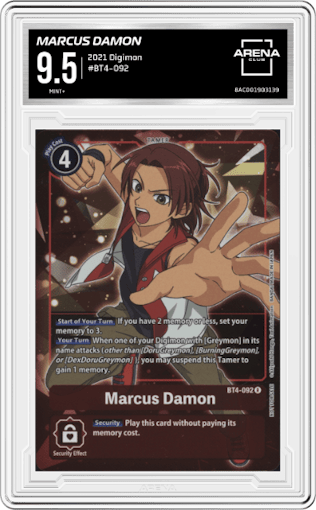 Marcus Damon from the 2021 Digimon set graded by Arena Club and given an overall grade of 9.5.