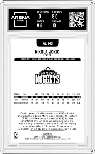 Nikola Jokic from the 2017-18 Panini NBA Hoops set graded by Arena Club and given an overall grade of 9.