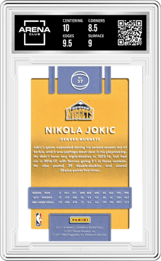 Nikola Jokic from the 2017-18 Panini Donruss set graded by Arena Club and given an overall grade of 9.