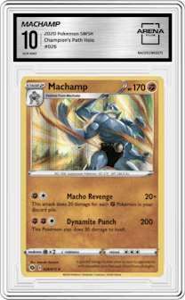 Machamp from the 2020 Pokemon SWSH set graded by Arena Club and given an overall grade of 10.