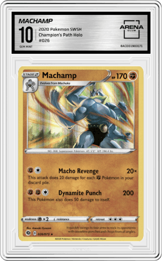 Machamp from the 2020 Pokemon SWSH set graded by Arena Club and given an overall grade of 10.