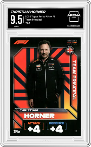 Christian Horner from the 2022 Topps Turbo Attax F1 set graded by Arena Club and given an overall grade of 9.5.
