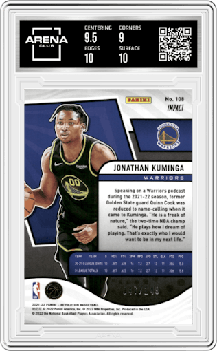 Jonathan Kuminga from the 2021-22 Panini Revolution  set featuring a Impact parallel graded by Arena Club and given an overall grade of 9.5.