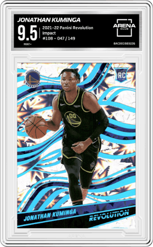 Jonathan Kuminga from the 2021-22 Panini Revolution  set featuring a Impact parallel graded by Arena Club and given an overall grade of 9.5.