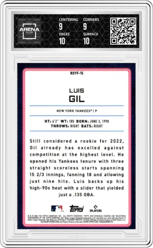 Luis Gil from the 2022 Bowman set graded by Arena Club and given an overall grade of 9.5.