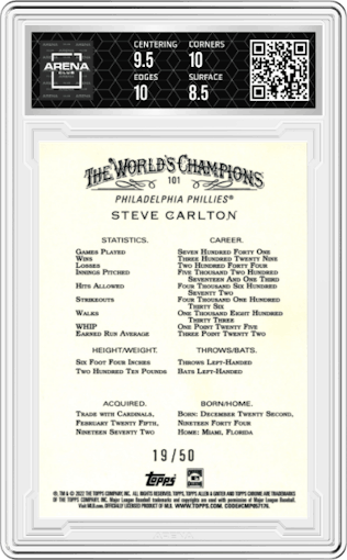 Steve Carlton from the 2022 Topps Allen & Ginter Chrome set featuring a Gold Refractor  parallel graded by Arena Club and given an overall grade of 9.
