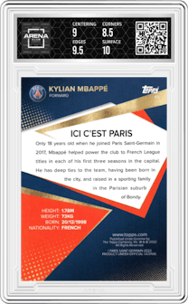 Kylian Mbappé from the 2021-22 Topps PSG Team Set set graded by Arena Club and given an overall grade of 9.