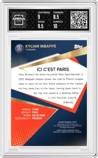 Kylian Mbappé from the 2021-22 Topps PSG Team Set set graded by Arena Club and given an overall grade of 9.