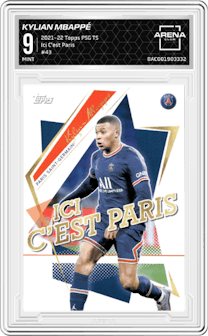 Kylian Mbappé from the 2021-22 Topps PSG Team Set set graded by Arena Club and given an overall grade of 9.