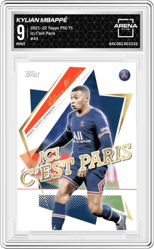 Kylian Mbappé from the 2021-22 Topps PSG Team Set set graded by Arena Club and given an overall grade of 9.