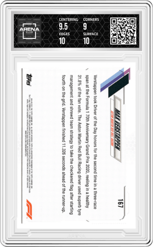 Max Verstappen from the 2021 Topps F1 set featuring a Checker Flag parallel graded by Arena Club and given an overall grade of 9.5.