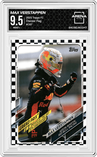 Max Verstappen from the 2021 Topps F1 set featuring a Checker Flag parallel graded by Arena Club and given an overall grade of 9.5.