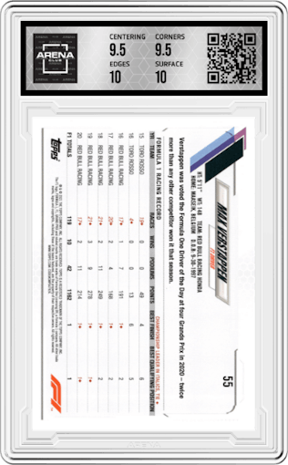 Max Verstappen from the 2021 Topps F1 set featuring a Checker Flag parallel graded by Arena Club and given an overall grade of 10.