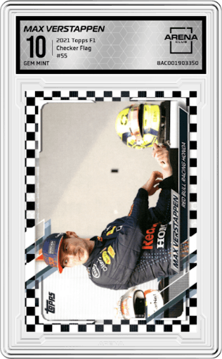 Max Verstappen from the 2021 Topps F1 set featuring a Checker Flag parallel graded by Arena Club and given an overall grade of 10.