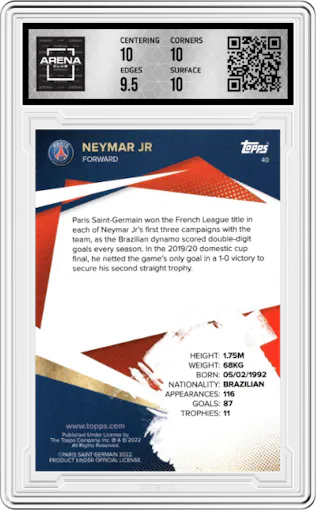 Neymar Jr from the 2021-22 Topps PSG Team Set set graded by Arena Club and given an overall grade of 10.