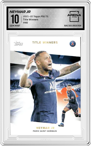 Neymar Jr from the 2021-22 Topps PSG Team Set set graded by Arena Club and given an overall grade of 10.