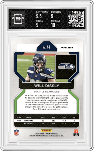 Will Dissly from the 2021 Panini Prizm set featuring a Lazer parallel graded by Arena Club and given an overall grade of 9.5.