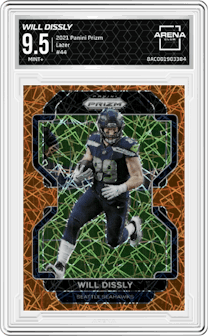 Will Dissly from the 2021 Panini Prizm set featuring a Lazer parallel graded by Arena Club and given an overall grade of 9.5.