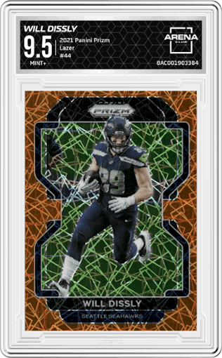 Will Dissly from the 2021 Panini Prizm set featuring a Lazer parallel graded by Arena Club and given an overall grade of 9.5.
