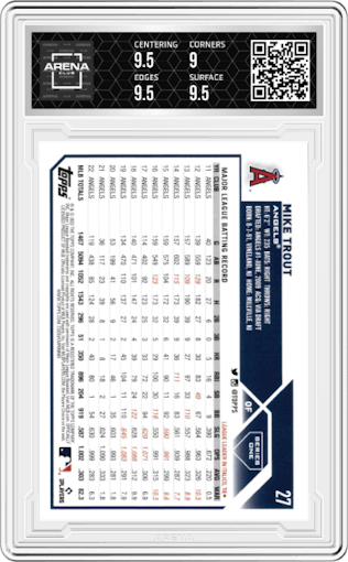 Mike Trout from the 2023 Topps  set graded by Arena Club and given an overall grade of 9.5.