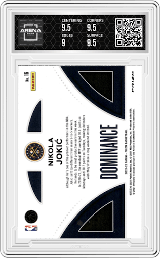 Nikola Jokic from the 2021-22 Panini Prizm  set featuring a Silver Prizm parallel graded by Arena Club and given an overall grade of 9.5.