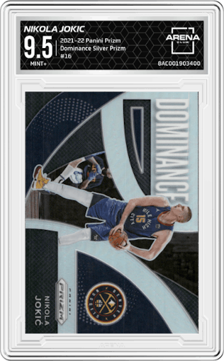 Nikola Jokic from the 2021-22 Panini Prizm  set featuring a Silver Prizm parallel graded by Arena Club and given an overall grade of 9.5.