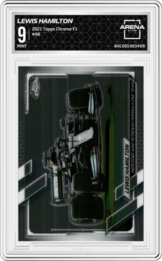 Lewis Hamilton from the 2021 Topps Chrome F1  set graded by Arena Club and given an overall grade of 9.