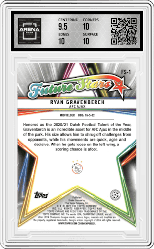 Ryan Gravenberch from the 2021-22 Topps Chrome S/E UEFA CL set graded by Arena Club and given an overall grade of 10.