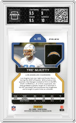 Tre' McKitty from the 2021 Panini Prizm set featuring a Disco Orange parallel graded by Arena Club and given an overall grade of 9.5.