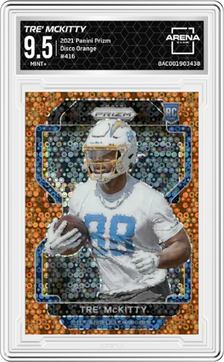 Tre' McKitty from the 2021 Panini Prizm set featuring a Disco Orange parallel graded by Arena Club and given an overall grade of 9.5.